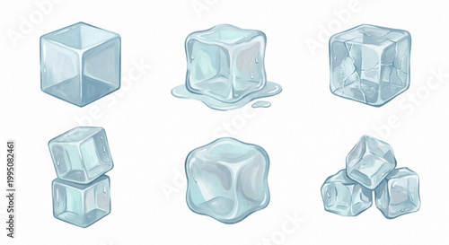 Collection of Clear Ice Cubes in Different Shapes and Melting Stages
