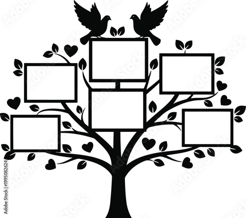 Family tree graphic illustration with blank frames for photos and decorative hearts, symbolizing connections
