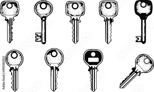 Collection of Stylized Vintage Keys Vector Graphic Illustration Set Isolated on White Background