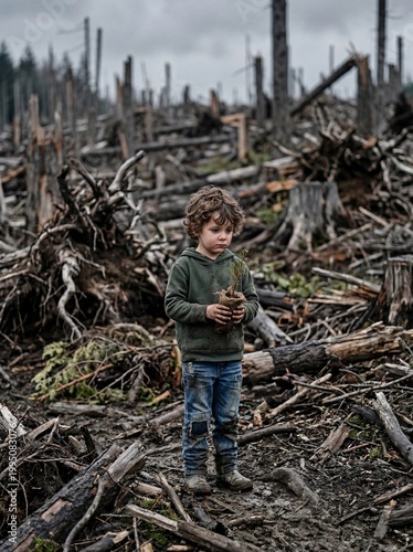 Child holding sapling in deforested land symbolizing hope and climate crisis