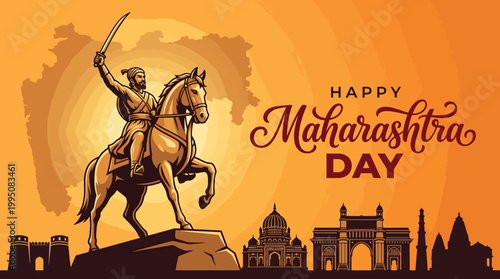 Happy Maharashtra Day Banner With Maratha Warrior On Horse, State Map And Iconic Landmarks