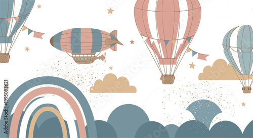 Nursery Sky Vector Wallpaper Featuring Pastel Hot Air Balloons Vintage Blimp Rainbow And Fluffy Clouds For Children Room Decor