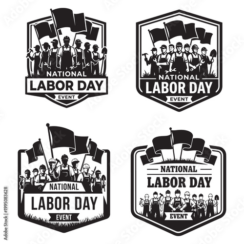 National Labor Day Event Badges Featuring Workers With Flags, Solidarity, Unity and Celebration