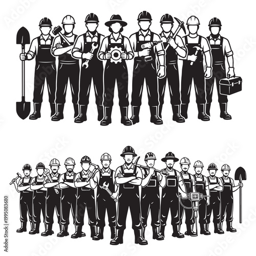 Construction Workers Team Illustration With Tools and Safety Helmets Standing Together in Unity