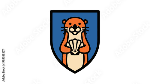 A cartoon otter holding a seashell in front of a blue shield