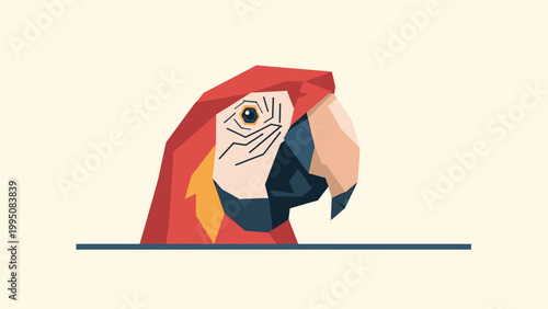 Geometric macaw head rendered in colorful, angular shapes on a cream background