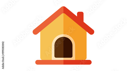A flat, stylized illustration of a pet house in yellow and red with a dark archway