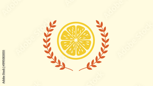 A yellow lemon slice encircled by orange laurel branches on a cream background