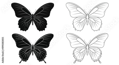 Butterflies are depicted in four unique vector styles, including solid black and detailed line art formats suitable for artistic applications in various creative design.