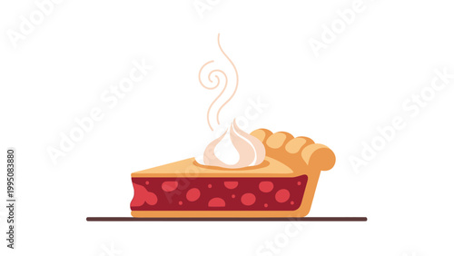 A slice of fruit pie with a dollop of whipped cream and steam rising