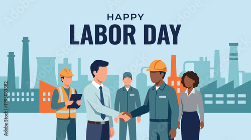 Happy Labor Day Celebration Banner - Diverse Workers Handshaking with Industrial Factory Skyline Background Vector Illustration