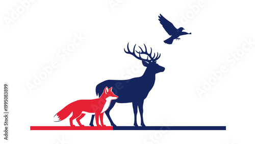 Red fox and deer silhouetted against a white background, with a bird flying above