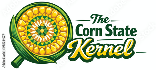 Corn State Kernel logo featuring detailed cross section of cob forming a bright mandala wheel, symbolizing harvest abundance, natural nutrition and wholesome farm food branding