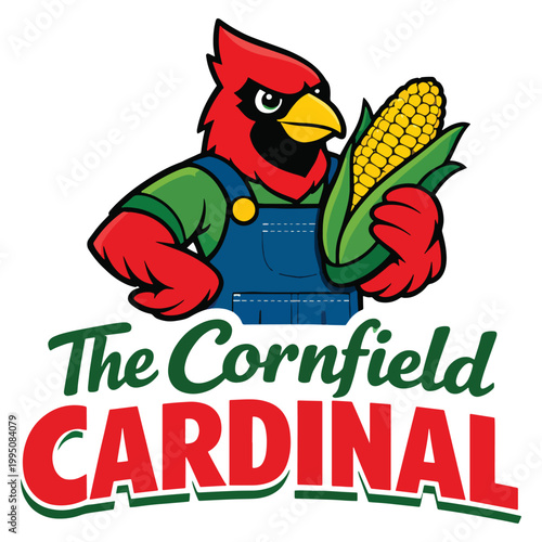 Cornfield Cardinal mascot illustration with bold red bird in denim overalls holding a fresh corn cob, cheerful farm character logo ideal for snacks, sports teams or festivals