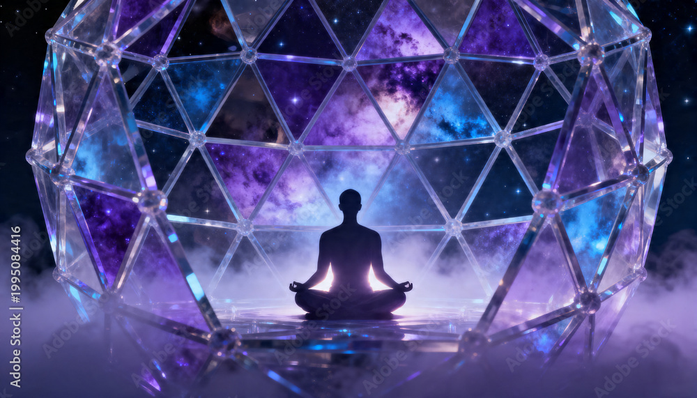 Fototapeta premium Woman meditating in lotus pose inside futuristic geodesic dome on nebula background. Zen practice inside glass sphere with outer space view. Energy flow and physics science concept.