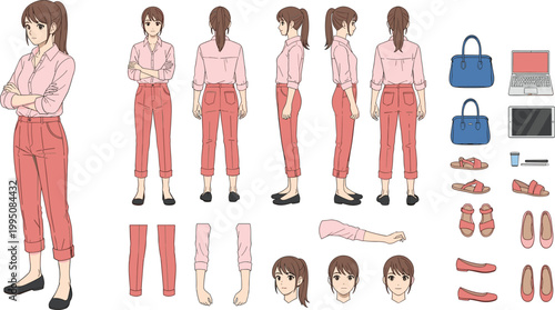 Anime style illustrated professional character design sheet with multiple views poses expressions accessories handbags laptop creative artwork scene