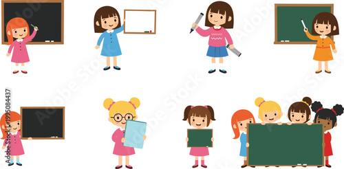 Cartoon illustrated children standing near chalkboards presenting teaching learning activities cheerful classroom education creative artwork playful scene