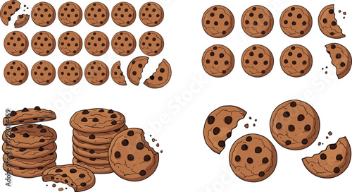Cartoon illustrated chocolate chip cookies arranged in groups stacks rows with whole and partially eaten pieces creative artwork scene