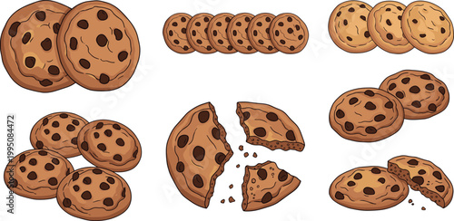 Cartoon illustrated chocolate chip cookies in various arrangements stacks pairs groups broken pieces crumbs creative dessert artwork scene