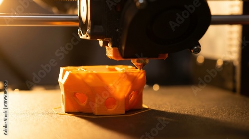 Obraz na płótnie An extreme close-up of a 3D printer nozzle extruding orange filament to create a complex geometric object