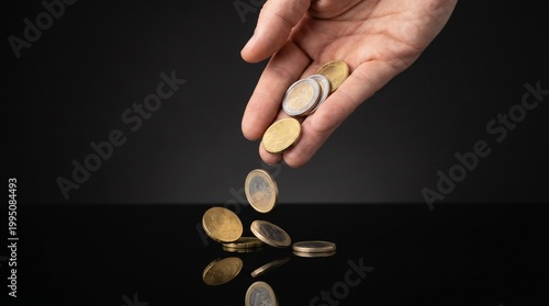 Valokuva A hand suspended in the air dropping gold and silver coins against a dark, moody background