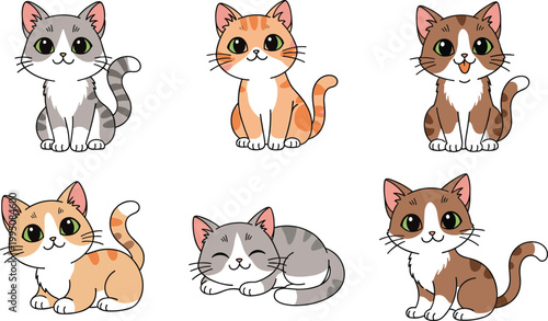 Collection of cute cartoon kitten characters in various sitting and sleeping poses with colorful fur patterns isolated on white