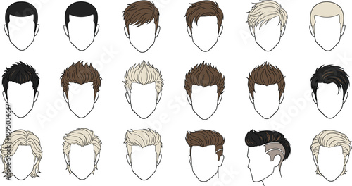 Large set of male hairstyle vector icons featuring various hair cuts colors and trendy styles isolated on white background for barber shop catalogs fashion design and character creation