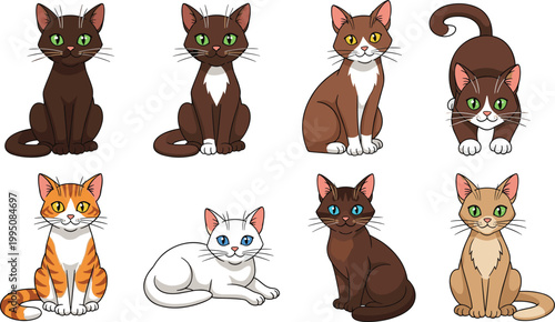 Set of cute cartoon cat characters in various poses including sitting and lying down with colorful fur patterns isolated on white