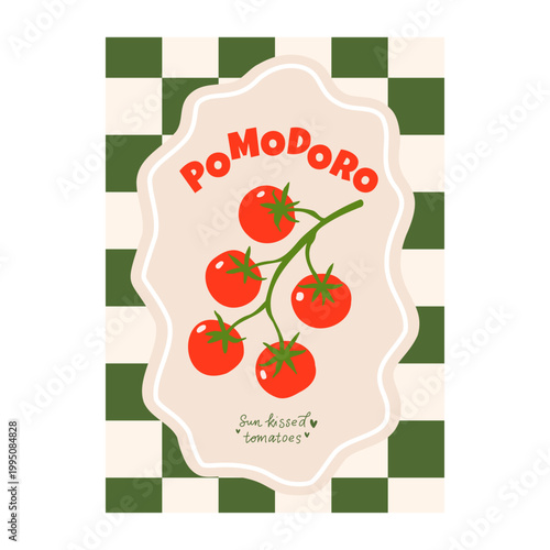 Tableau sur toile Pomodoro Tomato Label Illustration Cherry Tomatoes Vine Checkerboard Background