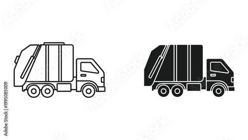 Black and white garbage truck icons with modern design elements