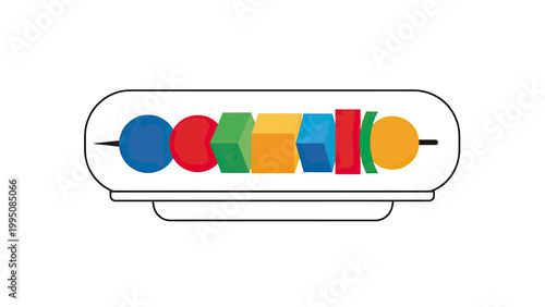 Colorful geometric shapes on a skewer within a capsule