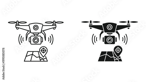 Black and white drone icons with map and location pin