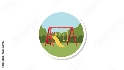 A red swing set with a slide and monkey bars sits on a green grassy field under a blue sky