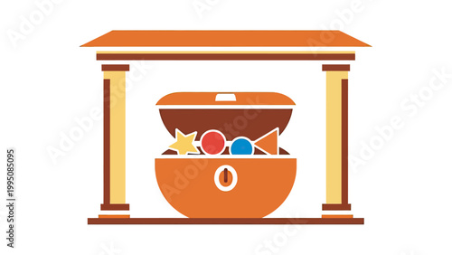 An open treasure chest filled with candy under an architectural structure