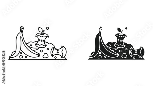 Vector illustration of rotten fruit including banana and apple on white background