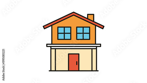 A cartoon representation of a two-story house with a bright orange roof and walls