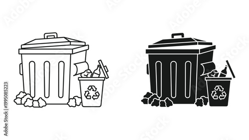 Black and white illustration of trash cans and recycling bins with lids