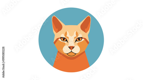 Stylized orange cat face with yellow eyes and pointed ears, set against a blue circle
