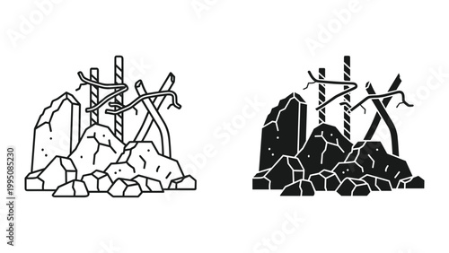 Black and white illustration of rocks and tree branches on white background
