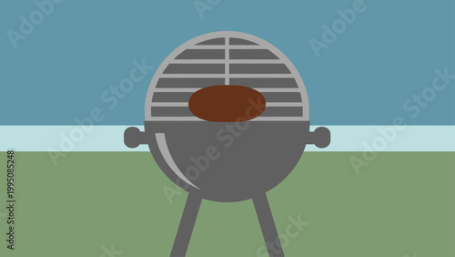 Stylized, minimalist depiction of a charcoal grill with a brown meat patty cooking on the grate