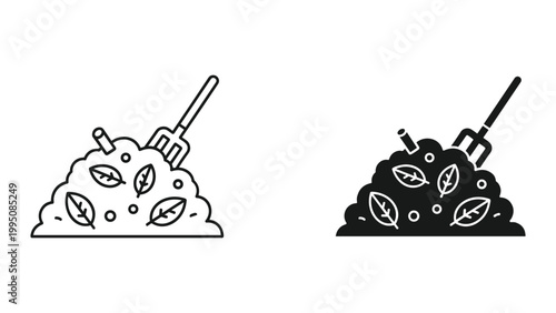 Black and white line art compost pile with garden fork on top with leaves
