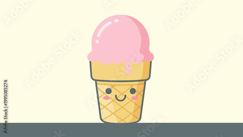A pink ice cream cone with a cute face smiles on a light background