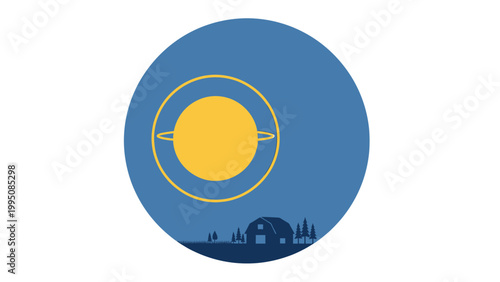 Yellow celestial body with ring above a dark blue landscape