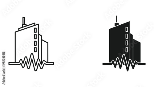 Vector illustration of a building with a waveform, representing urban development and seismic activity