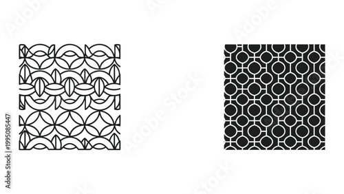 Black and white geometric patterns with interconnected shapes and circles