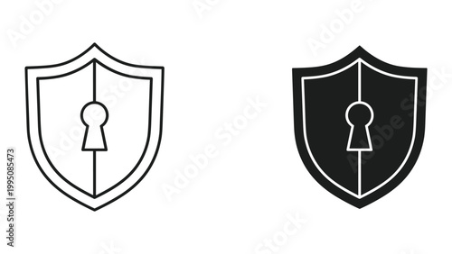 Black and white shield icons with keyhole, security symbols isolated on white background