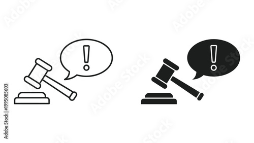 Black and white line icons of gavel with exclamation speech bubble