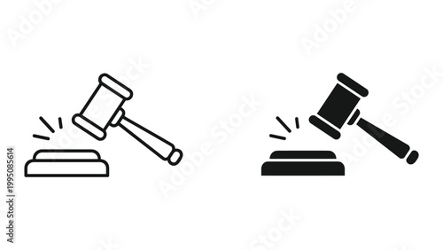 Black and white line icons of judge gavel hitting block