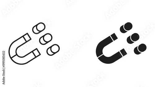 Vector illustration of black and white magnet icons with metal balls