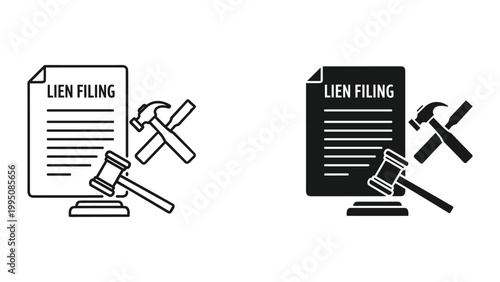 Black and white line icons of lien filing with gavel and hammer on white background